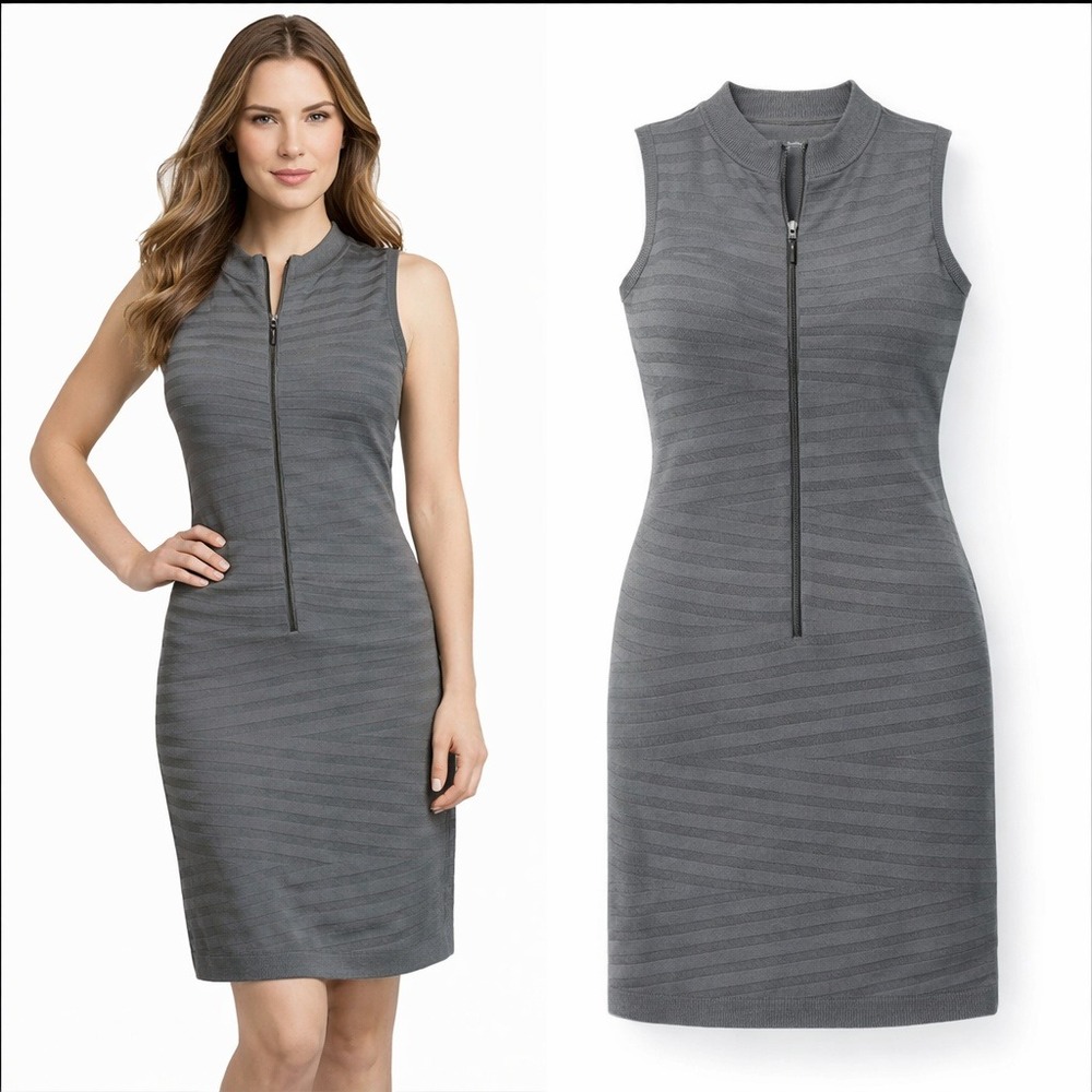 Nicole Miller Studio Sheath Dress Womens Small Gray Ribbed Bandage Zip Mock Neck